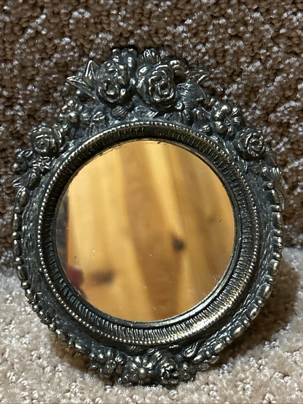 Vintage Round  Victorian E.A. RIBA Co Brass Filigree Wall Mirror NY Orig. Label
